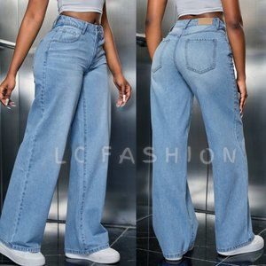 Wide Leg Denim Pants, Drop waist Slant Pocket Wide Leg Jeans